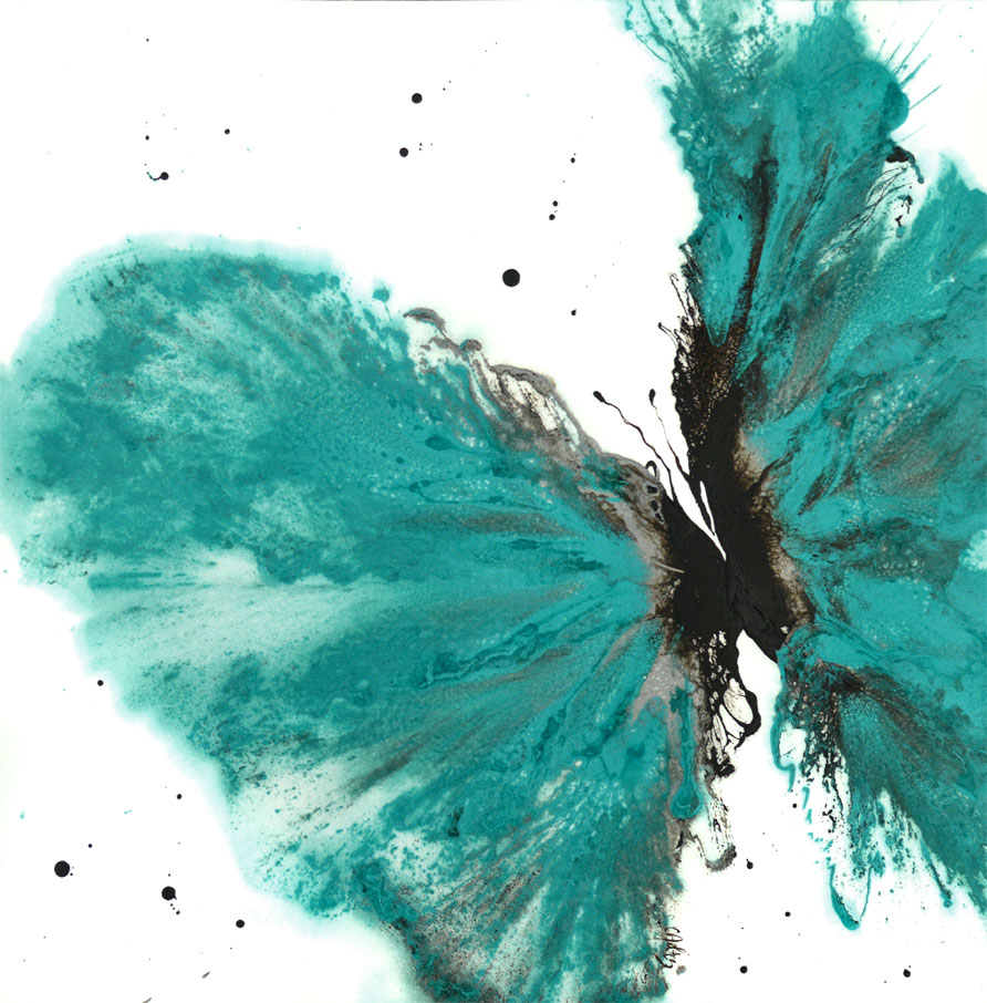 Contemporary Art Abstract Butterfly in Teal 14 x 14 on Cotton Ragg -  Acrylic on Cotton Ragg Paper, in Floral and Flower Paintings